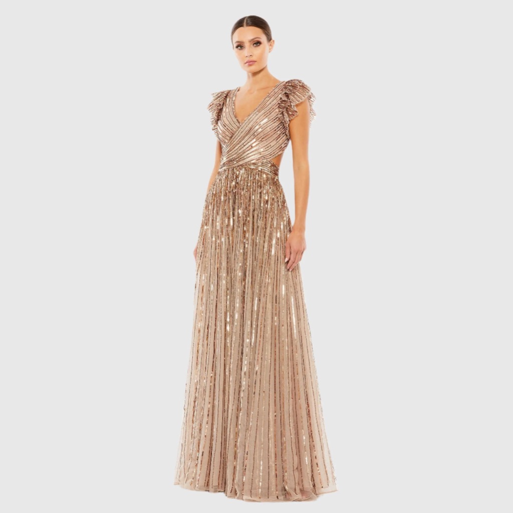 Macduggal Beige/Rose Gold Sequined Cut Out Ruffled Cap Sleeve Lace Up Gown 14